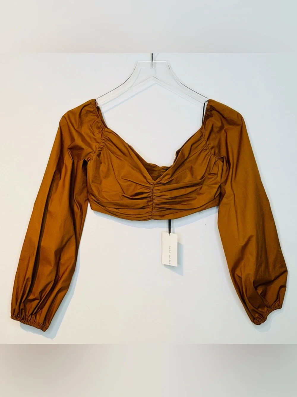 Zara Studio Pecan Brown Gathered Crop Top Balloon Sleeve Top Shirt Blouse NWT